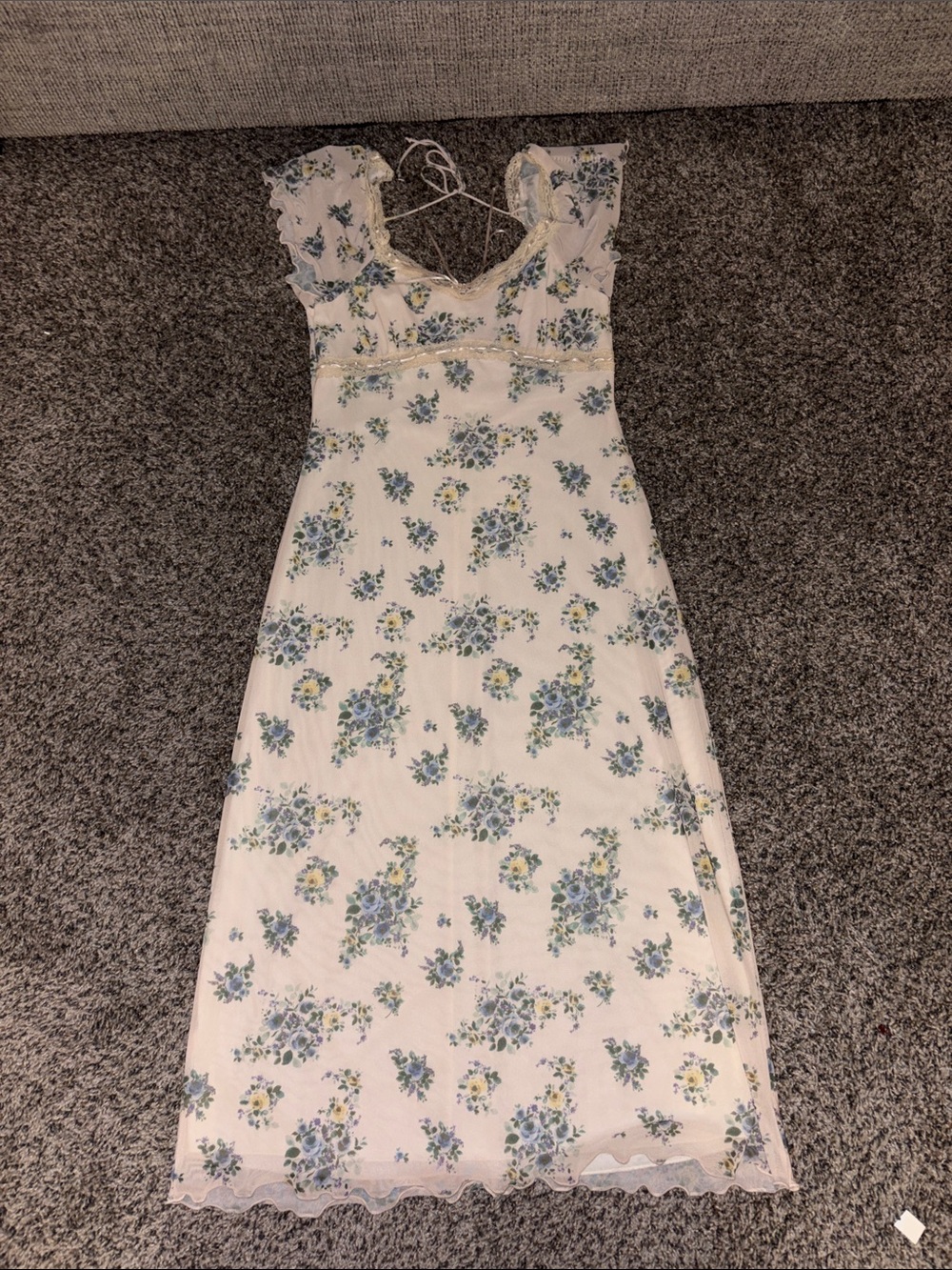White Floral Maxi Dress with Blue and Yellow Bouquet Print